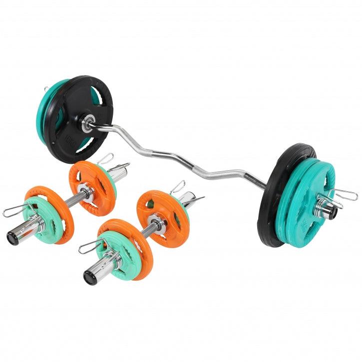 Set de Curl Z y Discos de Pesas Olímpicos de Goma con Triple Agarre - 75 kg